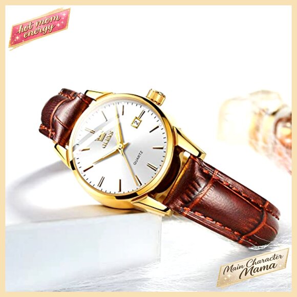 Small Leather Dress Watch with Date Day Function Waterproof Quartz Movement